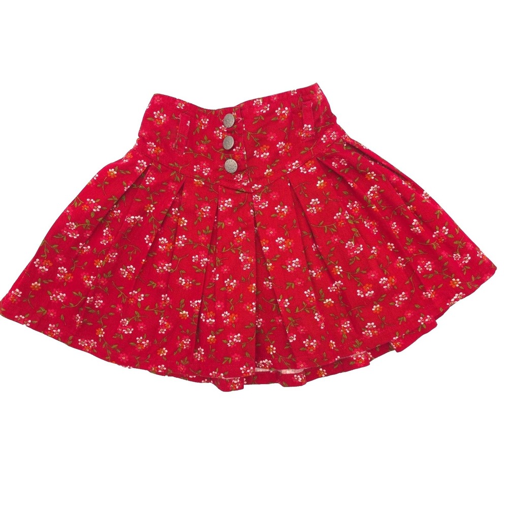 Vintage McKids Skirt Infants Red Floral Corduroy Pleated Vintage 24M